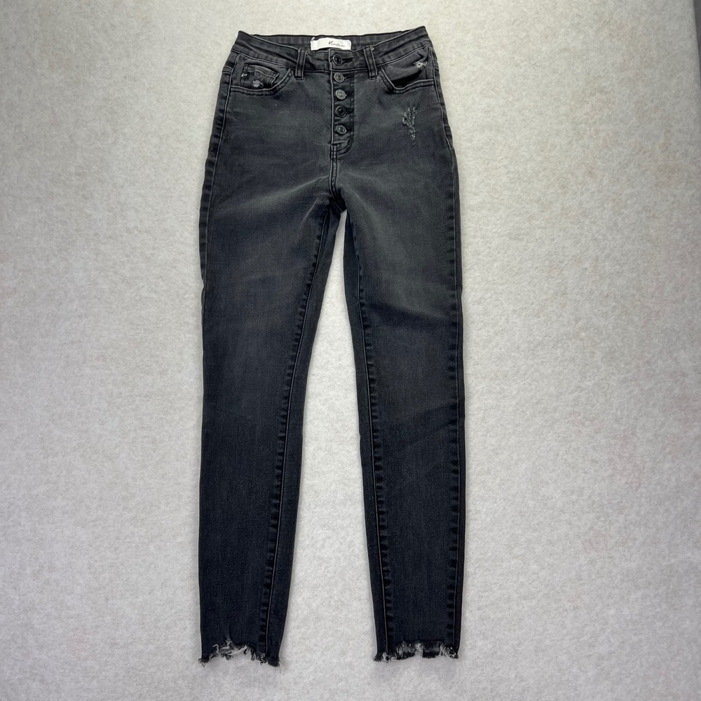 Kancan High Rise Button Fly Skinny Jeans Size 5/26 Distressed Frayed Hem Black